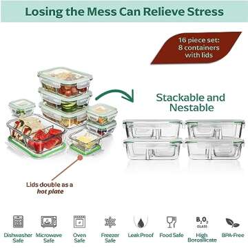 Fusion Gourmet Glass Meal Prep Containers - 8 Pack Set