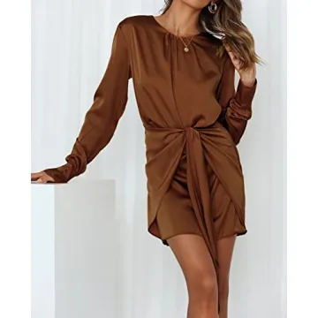 R.Vivimos Women's Satin Dress Long Sleeve Casual Wrap Ruched Tie Waist Party Mini Dress (Medium, Brown)