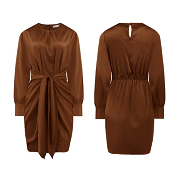 R.Vivimos Women's Satin Dress Long Sleeve Casual Wrap Ruched Tie Waist Party Mini Dress (Medium, Brown)