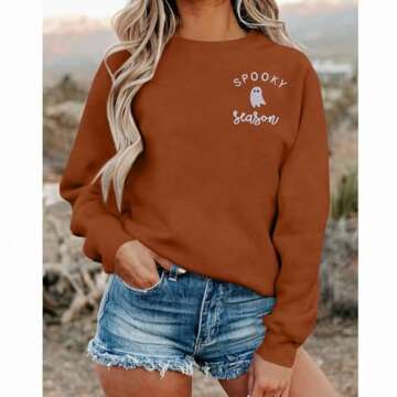LOTUCY Halloween Sweatshirt Women Cute Spooky Season Sweatshirts Ghost Fall Embroidered Sweater Pullover Top Brown