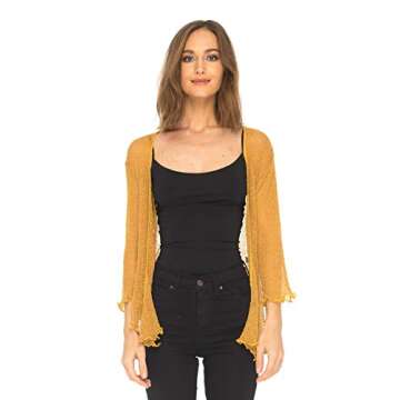 SHU-SHI Womens Sheer Shrug Tie Top Cardigan Lightweight Knit,Gold,One Size