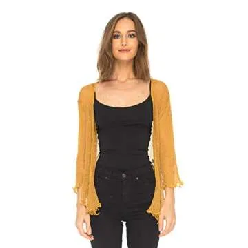 SHU-SHI Womens Sheer Shrug Tie Top Cardigan Lightweight Knit,Gold,One Size