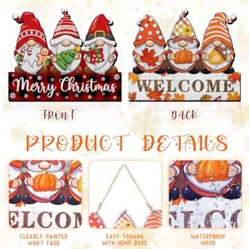 Double Sided Merry Christmas/Thanksgiving Fall Door Gnome Sign Winter Home Front Door Decor Reversible Hanging Wooden Wall Porch for Christmas Indoor Outdoor Decor