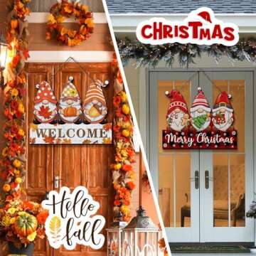 Double Sided Merry Christmas/Thanksgiving Fall Door Gnome Sign Winter Home Front Door Decor Reversible Hanging Wooden Wall Porch for Christmas Indoor Outdoor Decor