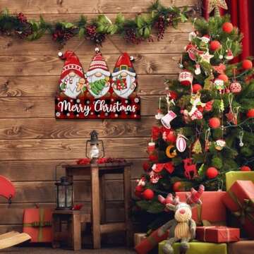 Double Sided Merry Christmas/Thanksgiving Fall Door Gnome Sign Winter Home Front Door Decor Reversible Hanging Wooden Wall Porch for Christmas Indoor Outdoor Decor