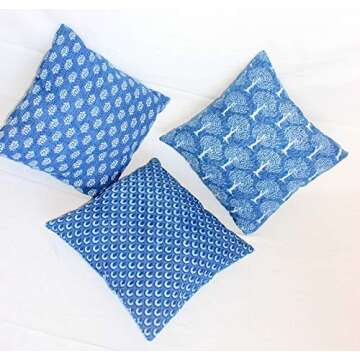 Traditional Jaipur Set of 3 Hand Block Print Indigo Fabric Indian Cushions Pillow Covers Decorative ...