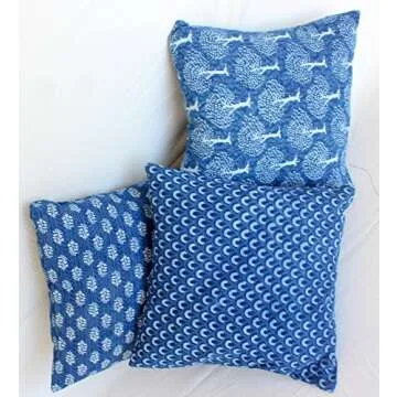 Traditional Jaipur Set of 3 Hand Block Print Indigo Fabric Indian Cushions Pillow Covers Decorative Throw Pillowcases Handcrafted Outdoor Cushion Cover Boho Pillow Shams (20 x 20 Inches)