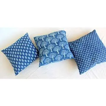 Traditional Jaipur Set of 3 Hand Block Print Indigo Fabric Indian Cushions Pillow Covers Decorative Throw Pillowcases Handcrafted Outdoor Cushion Cover Boho Pillow Shams (20 x 20 Inches)