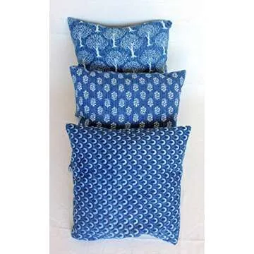 Traditional Jaipur Set of 3 Hand Block Print Indigo Fabric Indian Cushions Pillow Covers Decorative Throw Pillowcases Handcrafted Outdoor Cushion Cover Boho Pillow Shams (20 x 20 Inches)