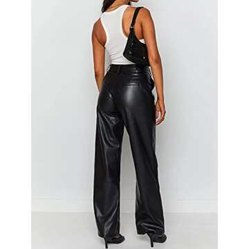 Shuyun Women Faux Leather Pants Solid Color High Waist Straight Wide Leg Leggings Slim Fit Trousers Vintage Streetwear (C-Black, S)