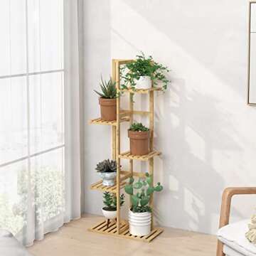 Laiensia Bamboo 5 Tier 6 Potted Plant Stand Rack Multiple Flower Pot Holder Shelf, Indoor&Outdoor Pl...
