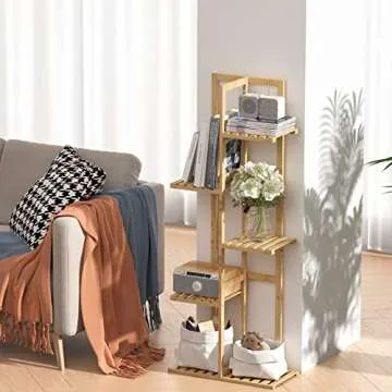 Laiensia Bamboo 5 Tier 6 Potted Plant Stand Rack Multiple Flower Pot Holder Shelf, Indoor&Outdoor Planter Display Shelves for Patio Garden, Living Room, Corner Balcony and Bedroom,Wood Color