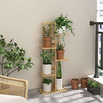 Laiensia Bamboo 5 Tier 6 Potted Plant Stand Rack Multiple Flower Pot Holder Shelf, Indoor&Outdoor Planter Display Shelves for Patio Garden, Living Room, Corner Balcony and Bedroom,Wood Color