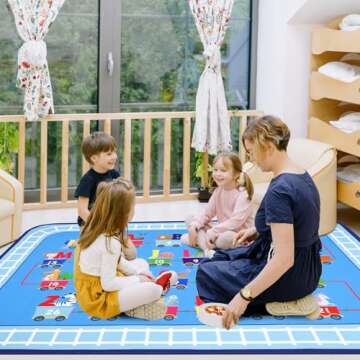 Educational Kids Rugs for Playroom 5x7Ft, Non Slip Blue Train Rug