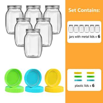 32 oz Wide Mouth Mason Jars with Metal Lids & Plastic Lids, Quart Size Clear Glass Jars for Preservi...