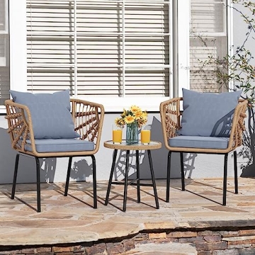 YITAHOME Wicker 3-Piece Outdoor Bistro Set, All-Weather Patio Conversation Set for Balcony, Backyard, Pool, Porch, Deck, Outdoor Sectional Furniture Set with Table & Cushions - Grey
