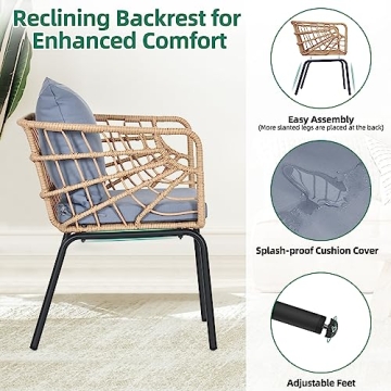 YITAHOME Wicker 3-Piece Outdoor Bistro Set, All-Weather Patio Conversation Set for Balcony, Backyard, Pool, Porch, Deck, Outdoor Sectional Furniture Set with Table & Cushions - Grey