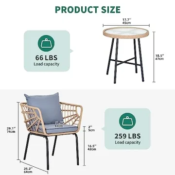 YITAHOME Wicker 3-Piece Outdoor Bistro Set, All-Weather Patio Conversation Set for Balcony, Backyard, Pool, Porch, Deck, Outdoor Sectional Furniture Set with Table & Cushions - Grey