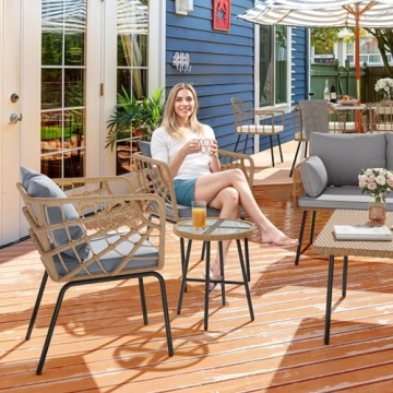 YITAHOME Wicker 3-Piece Outdoor Bistro Set, All-Weather Patio Conversation Set for Balcony, Backyard, Pool, Porch, Deck, Outdoor Sectional Furniture Set with Table & Cushions - Grey