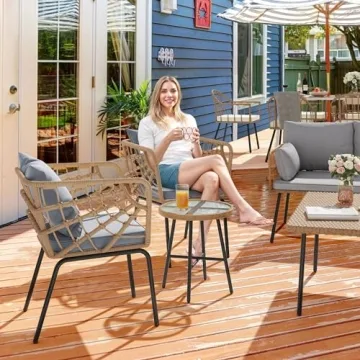 YITAHOME Wicker 3-Piece Outdoor Bistro Set, All-Weather Patio Conversation Set for Balcony, Backyard, Pool, Porch, Deck, Outdoor Sectional Furniture Set with Table & Cushions - Grey