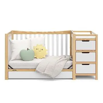 Graco Remi 4-In-1 Convertible Crib & Changer With Drawer (White & Natural) – GREENGUARD Gold Certified, Crib And Changing-Table Combo, Includes Changing Pad, Converts To Toddler Bed, Full-Size Bed