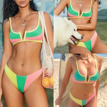 ZAFUL Women's Bikini Set V-Wired Ruffle Ribbed High Cut V-Notch Swimwear (2-Light Yellow, M)