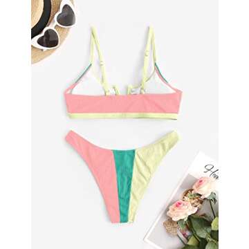 ZAFUL Women's Bikini Set V-Wired Ruffle Ribbed High Cut V-Notch Swimwear (2-Light Yellow, M)