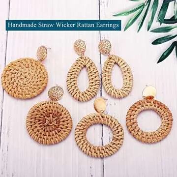 FIFATA Statement Earrings for Women Rattan Earrings Big Gold Geometric Drop Dangle Earrings Set Beach Essentials Hypoallergenic for Sensitive Ears
