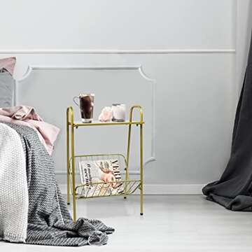 Jbikao Gold End Table - Modern Small Accent Metal Side Table with Magazine Storage for Record Player...