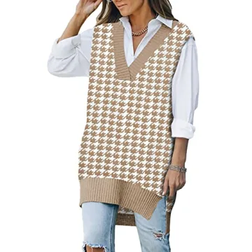 Viottiset Women's Oversized Houndstooth Sweater Vest Knit Sleeveless V Neck Pullover Tunic Top Khaki...