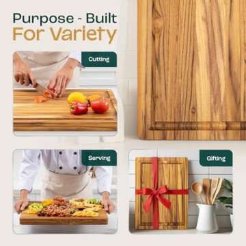 Yes4All Durable Teak Cutting Boards for Kitchen,[16.5''L x 13''W x 1.5”Thick] Medium Edge Grain Cutting Board, Pre Oiled Wood Cutting Boards, Thick Chopping Board w/Juice Grooves and Easy Grip Handle