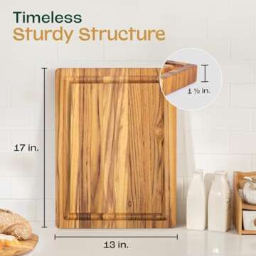Yes4All Durable Teak Cutting Boards for Kitchen,[16.5''L x 13''W x 1.5”Thick] Medium Edge Grain Cutting Board, Pre Oiled Wood Cutting Boards, Thick Chopping Board w/Juice Grooves and Easy Grip Handle
