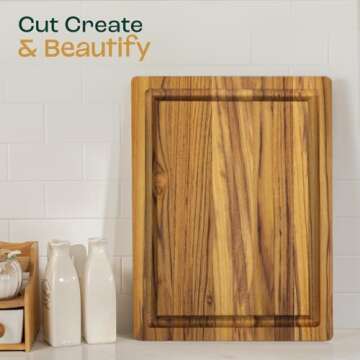 Yes4All Durable Teak Cutting Boards for Kitchen,[16.5''L x 13''W x 1.5”Thick] Medium Edge Grain Cutting Board, Pre Oiled Wood Cutting Boards, Thick Chopping Board w/Juice Grooves and Easy Grip Handle