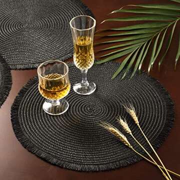 FunWheat Paper Round Braided Placemats Set of 6 for Dining Tables 15 Inch Heat Resistant Table Mats Farmhouse Woven Fabric Natural Place mats for Decoration with Tassel(Black)
