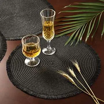 FunWheat Paper Round Braided Placemats Set of 6 for Dining Tables 15 Inch Heat Resistant Table Mats Farmhouse Woven Fabric Natural Place mats for Decoration with Tassel(Black)