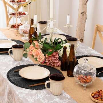 FunWheat Paper Round Braided Placemats Set of 6 for Dining Tables 15 Inch Heat Resistant Table Mats Farmhouse Woven Fabric Natural Place mats for Decoration with Tassel(Black)