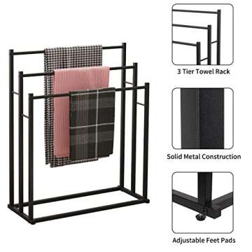 Honiter Towel Racks for Bathroom, 3 Tiers Metal Towel Rack Standing, Freestanding Towel Holder for Bath Storage & Hand Towels, Blanket Holder, Next to Tub or Shower, Pool Towel Racks Outdoor, Black