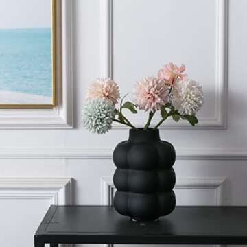 Mowtanco Black Ceramic Vase - Small Spherical Flower Vase for Centerpiece, Three Floors Design for Modern Home Decor, Boho Decorative Vase - 6.7" Tall