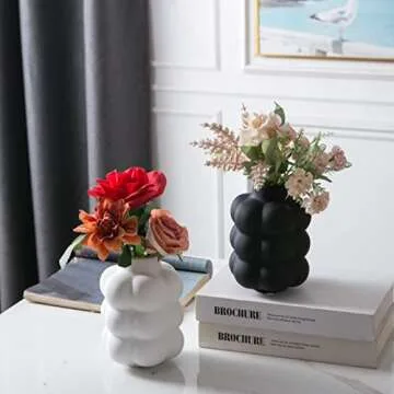 Mowtanco Black Ceramic Vase - Small Spherical Flower Vase for Centerpiece, Three Floors Design for Modern Home Decor, Boho Decorative Vase - 6.7" Tall
