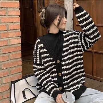 LIUKAISEN Women's Striped Cardigan Sweater Long Trendy V-Neck Button-Down Long Sleeve Chunky Knit Coat (Women, Medium, Black)