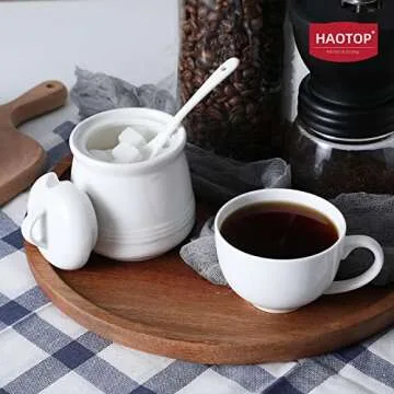 HAOTOP 12 oz Porcelain Sugar Bowl with Spoon and Lid