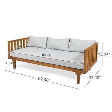 Christopher Knight Home Tina Outdoor 3 Seater Acacia Wood Daybed, Teak Finish, Light Grey