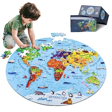 DIGOBAY World Map Jigsaw Puzzle for Kids 4-8, 70 Piece Large Round Floor Puzzles for Kids Ages Toddl...