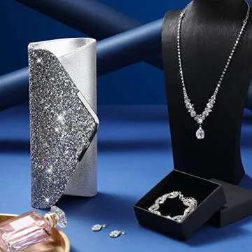 Tiamon 4 Pcs Rhinestone Jewelry Sets for Women Formal Prom Jewelry Earrings Necklace Bracelet Silver Clutch Purses Bag for Evening Wedding Party Christmas Jewelry Gift(Classic Style)