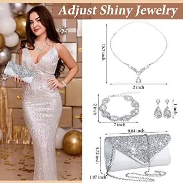Tiamon 4 Pcs Rhinestone Jewelry Sets for Women Formal Prom Jewelry Earrings Necklace Bracelet Silver Clutch Purses Bag for Evening Wedding Party Christmas Jewelry Gift(Classic Style)