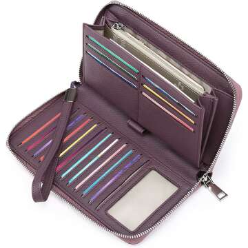 GOIACII RFID Blocking Leather Zip Wallet for Women
