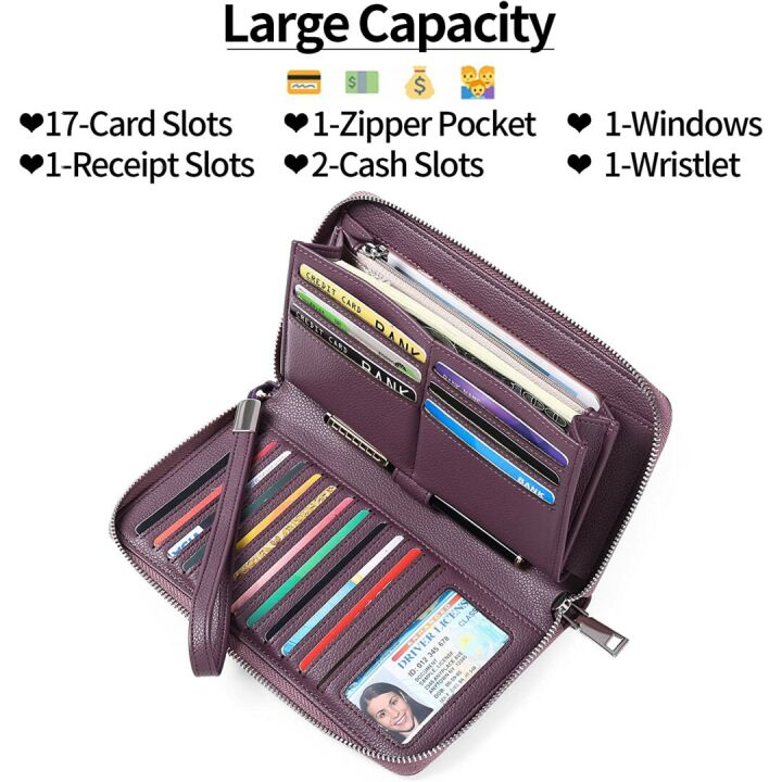 GOIACII RFID Blocking Leather Zip Wallet for Women