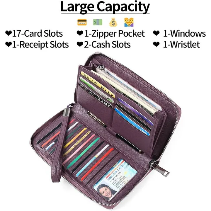 GOIACII RFID Blocking Leather Zip Wallet for Women