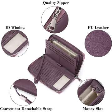 GOIACII RFID Blocking Leather Zip Wallet for Women