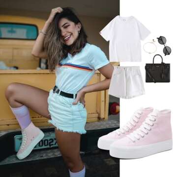 FRACORA Womens High Top Platform Sneakers White Platform Shoes Fashion Canvas Shoes for Women(Pink,US7)